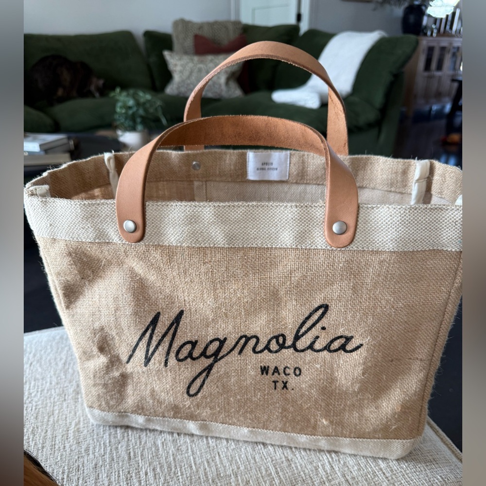 Magnolia Waco TX Jute Tote Bag with Tan Handles script tote